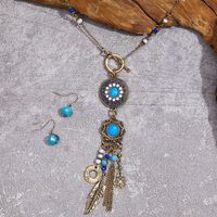1 Set Ethnic Style Round Feather Alloy Inlay Artificial Gemstones Women's Earrings Necklace main image 2