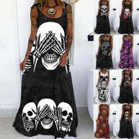 Frau Normales Kleid Punk Einfacher Stil Rundhals Drucken Ärmellos Schädel Maxi Langes Kleid Täglich main image 1