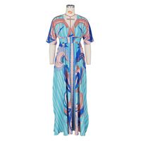Women's Slit Dress Elegant V Neck Printing Pleated Short Sleeve Printing Maxi Long Dress Casual main image 4