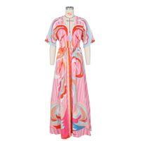 Women's Slit Dress Elegant V Neck Printing Pleated Short Sleeve Printing Maxi Long Dress Casual main image 2
