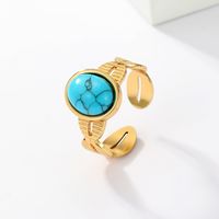 201 Stainless Steel 18K Gold Plated Vintage Style Inlay Round Square Turquoise Open Ring sku image 5