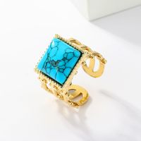 201 Stainless Steel 18K Gold Plated Vintage Style Inlay Round Square Turquoise Open Ring sku image 6