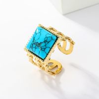 201 Stainless Steel 18K Gold Plated Vintage Style Inlay Round Square Turquoise Open Ring sku image 2