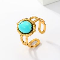 201 Stainless Steel 18K Gold Plated Vintage Style Inlay Round Square Turquoise Open Ring sku image 8