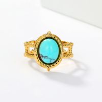 201 Stainless Steel 18K Gold Plated Vintage Style Inlay Round Square Turquoise Open Ring main image 9