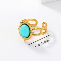201 Stainless Steel 18K Gold Plated Vintage Style Inlay Round Square Turquoise Open Ring main image 8