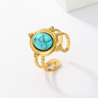 201 Stainless Steel 18K Gold Plated Vintage Style Inlay Round Square Turquoise Open Ring sku image 7