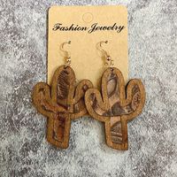 1 Pair Retro Cactus Wood Copper Printing Patchwork Women's Drop Earrings sku image 4