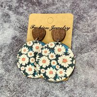 1 Pair Retro Flower Wood Copper Printing Patchwork Women's Drop Earrings sku image 1