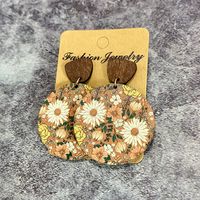1 Pair Retro Flower Wood Copper Printing Patchwork Women's Drop Earrings sku image 4