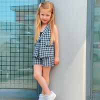 Cute Houndstooth Plaid Elastic Waist Cotton Blend Girls Clothing Sets main image 3