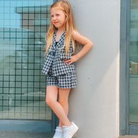 Cute Houndstooth Plaid Elastic Waist Cotton Blend Girls Clothing Sets main image 1