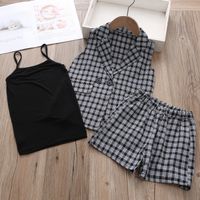 Cute Houndstooth Plaid Elastic Waist Cotton Blend Girls Clothing Sets main image 7