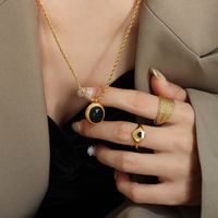 1 Piece French Style Oval Titanium Steel Plating Inlay Artificial Pearls Glass Stone Pendant Necklace main image 3