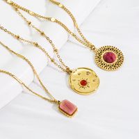 304 Stainless Steel 14K Gold Plated Retro Inlay Geometric Natural Stone Shell Pendant Necklace main image 3
