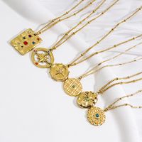 304 Stainless Steel 14K Gold Plated Retro Inlay Round Square Star Zircon Pendant Necklace main image 4