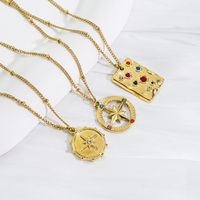 304 Stainless Steel 14K Gold Plated Retro Inlay Round Square Star Zircon Pendant Necklace main image 6