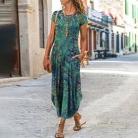 Women's A-line Skirt Vintage Style Round Neck Printing Short Sleeve Color Block Flower Maxi Long Dress Holiday Street main image 3