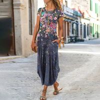 Women's A-line Skirt Vintage Style Round Neck Printing Short Sleeve Color Block Flower Maxi Long Dress Holiday Street main image 2