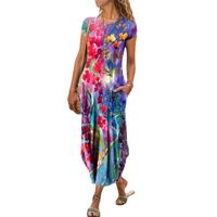 Women's A-line Skirt Vintage Style Round Neck Printing Short Sleeve Color Block Flower Maxi Long Dress Holiday Street main image 4