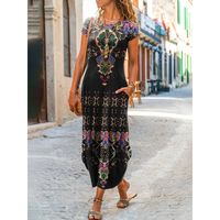 Women's A-line Skirt Casual Round Neck Printing Pocket Short Sleeve Ditsy Floral Maxi Long Dress Daily main image 3
