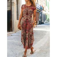 Women's A-line Skirt Casual Round Neck Printing Pocket Short Sleeve Ditsy Floral Maxi Long Dress Daily main image 4