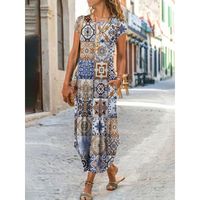 Women's A-line Skirt Casual Round Neck Printing Pocket Short Sleeve Ditsy Floral Maxi Long Dress Daily main image 6