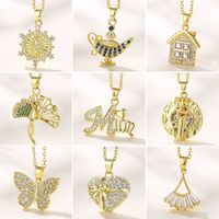 Copper 18K Gold Plated Artistic Plating Inlay House Teapot Butterfly Zircon Pendant Necklace main image 1