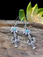 Wholesale Jewelry 1 Pair Ethnic Style Cactus Flower Metal Turquoise Silver Plated Drop Earrings main image 2