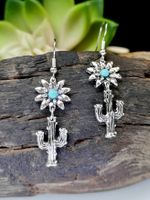 Wholesale Jewelry 1 Pair Ethnic Style Cactus Flower Metal Turquoise Silver Plated Drop Earrings main image 3
