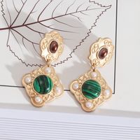 1 Pair Ethnic Style Square Alloy Inlay Artificial Pearls Malachite Women's Earrings main image 5