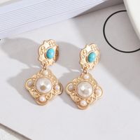 1 Pair Ethnic Style Square Alloy Inlay Artificial Pearls Malachite Women's Earrings sku image 3