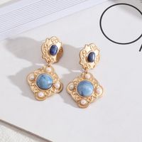 1 Pair Ethnic Style Square Alloy Inlay Artificial Pearls Malachite Women's Earrings sku image 1