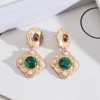 1 Pair Ethnic Style Square Alloy Inlay Artificial Pearls Malachite Women's Earrings sku image 5