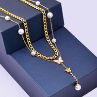 Simple Style Butterfly 304 Stainless Steel Plating Inlay Artificial Pearls Shell 18K Gold Plated Women'S Layered Necklaces main image 5