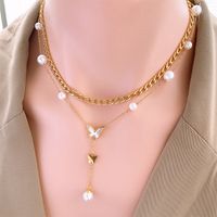 Simple Style Butterfly 304 Stainless Steel Plating Inlay Artificial Pearls Shell 18K Gold Plated Women'S Layered Necklaces sku image 1