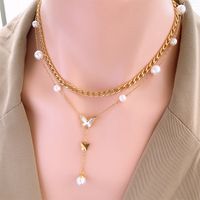 Simple Style Butterfly 304 Stainless Steel Plating Inlay Artificial Pearls Shell 18K Gold Plated Women'S Layered Necklaces main image 6