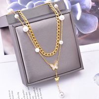 Simple Style Butterfly 304 Stainless Steel Plating Inlay Artificial Pearls Shell 18K Gold Plated Women'S Layered Necklaces main image 3