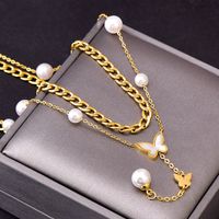 Simple Style Butterfly 304 Stainless Steel Plating Inlay Artificial Pearls Shell 18K Gold Plated Women'S Layered Necklaces main image 2