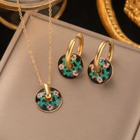 304 Stainless Steel 18K Gold Plated Retro Enamel Flower Earrings Necklace sku image 3