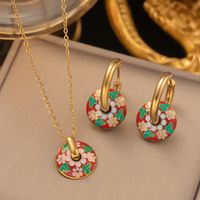 304 Stainless Steel 18K Gold Plated Retro Enamel Plating Round Flower Earrings Necklace main image 1