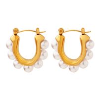 Wholesale 1 Pair Vacation Roman Style U Shape Titanium Steel 18k Gold Plated Pearl Hoop Earrings main image 6