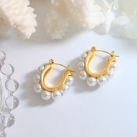 Wholesale 1 Pair Vacation Roman Style U Shape Titanium Steel 18k Gold Plated Pearl Hoop Earrings main image 1