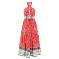 Bohemian Ditsy Floral Halter Neck Sleeveless Printing Polyester Maxi Long Dress A-line Skirt sku image 1