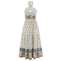 Bohemian Ditsy Floral Halter Neck Sleeveless Printing Polyester Maxi Long Dress A-line Skirt sku image 6