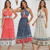 Bohemian Ditsy Floral Halter Neck Sleeveless Printing Polyester Maxi Long Dress A-line Skirt main image 1