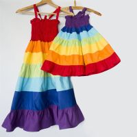 Casual Rainbow Cotton Blend Polyester Printing Midi Dress Family Matching Outfits sku image 6