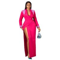 Women's Slit Dress Fashion Turndown Patchwork Long Sleeve Solid Color Maxi Long Dress Banquet sku image 1