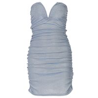 Sexy Solid Color Strapless Sleeveless Sequins Pleated Spandex Polyester Above Knee Pleated Skirt main image 3