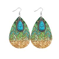 1 Pair Retro Sunflower Color Block Water Droplets Pu Leather Inlay Turquoise Women's Chandelier Earrings sku image 8